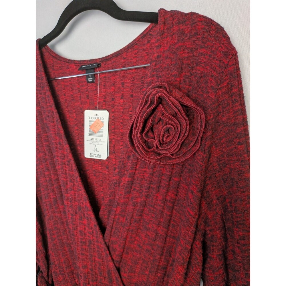 Torrid Midi Surplice Dress Size 1x 14-16 Red Knit Fabric Ribbed V Neckline Wrap - Picture 8 of 13